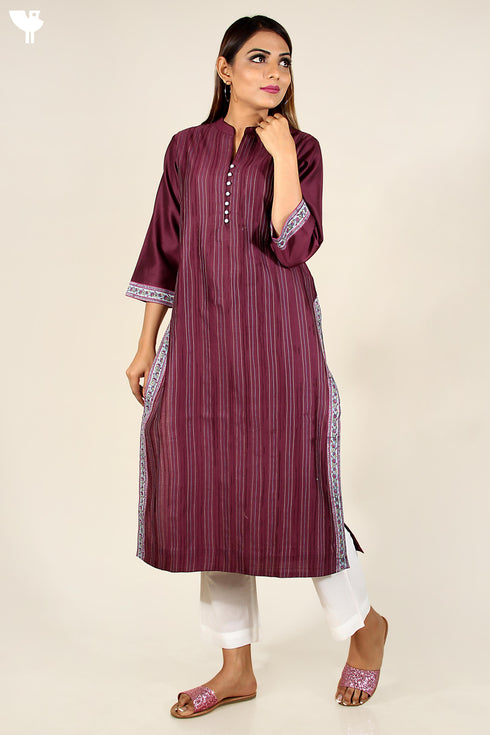 Chanderi Silk Kurta In Plum With Pintucks And Floral Block Print