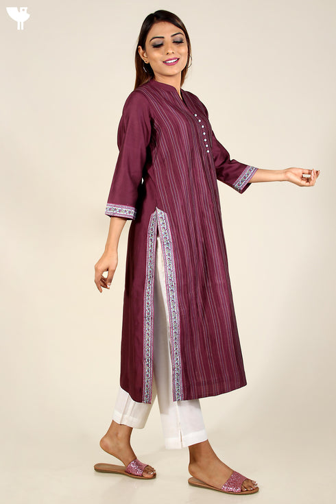 Chanderi Silk Kurta In Plum With Pintucks And Floral Block Print