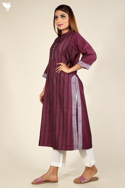Chanderi Silk Kurta In Plum With Pintucks And Floral Block Print