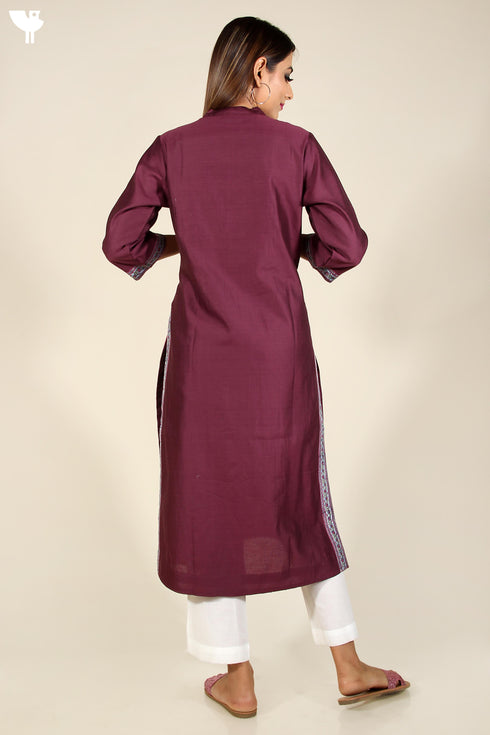 Chanderi Silk Kurta In Plum With Pintucks And Floral Block Print
