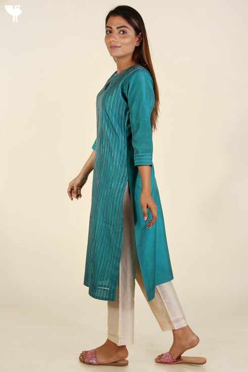 Chanderi Silk Pin-tucked Kurta In Jewel Teal