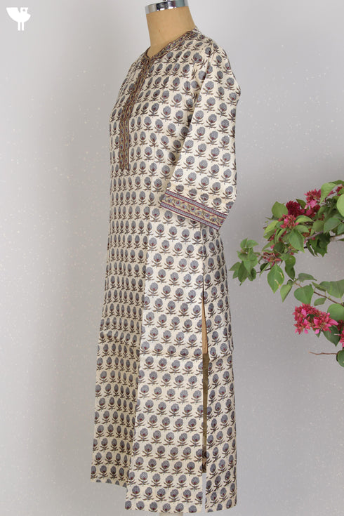 Chanderi Silk Kurta In Floral Block Print