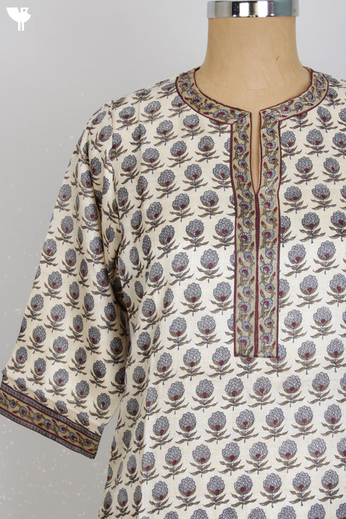Chanderi Silk Kurta In Floral Block Print