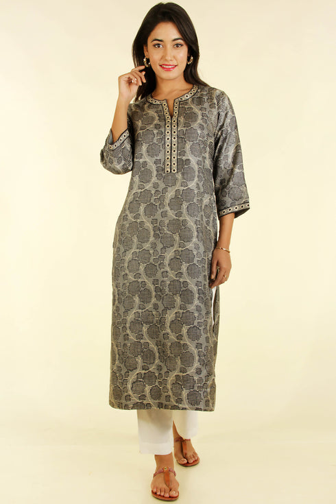 Tussar Silk Kurta In Graphic Block Print