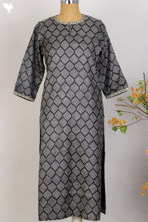 Tussar Silk Kurta In Graphic Block Print With Sequined Embroidery