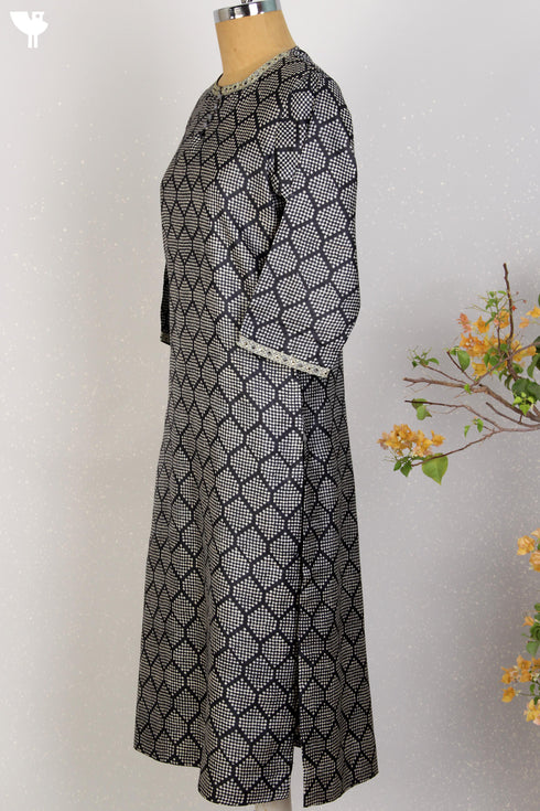 Tussar Silk Kurta In Graphic Block Print With Sequined Embroidery