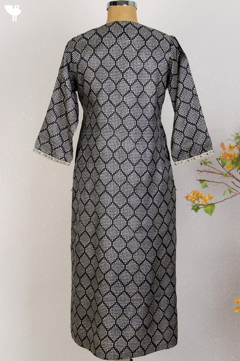 Tussar Silk Kurta In Graphic Block Print With Sequined Embroidery