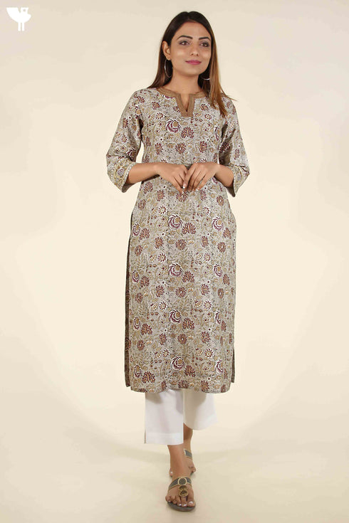 Chanderi Silk Kurta In Cloud Grey And Tawny Yellow Floral Block Print