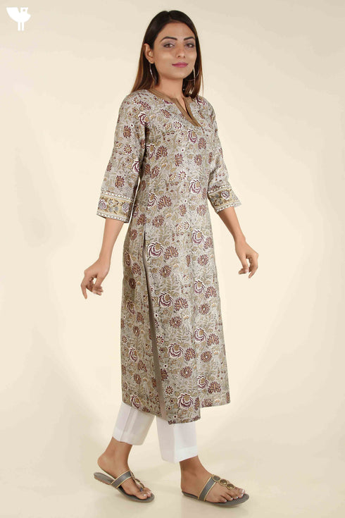 Chanderi Silk Kurta In Cloud Grey And Tawny Yellow Floral Block Print