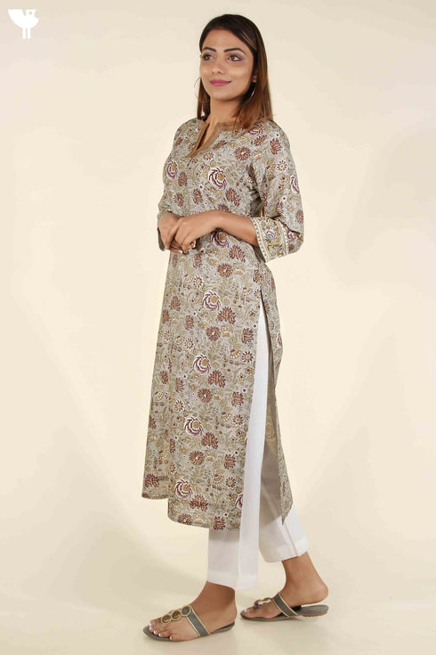 Chanderi Silk Kurta In Cloud Grey And Tawny Yellow Floral Block Print