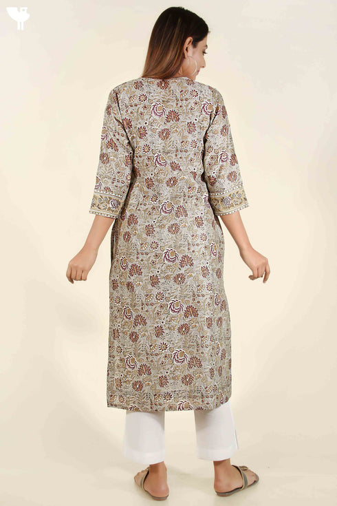 Chanderi Silk Kurta In Cloud Grey And Tawny Yellow Floral Block Print