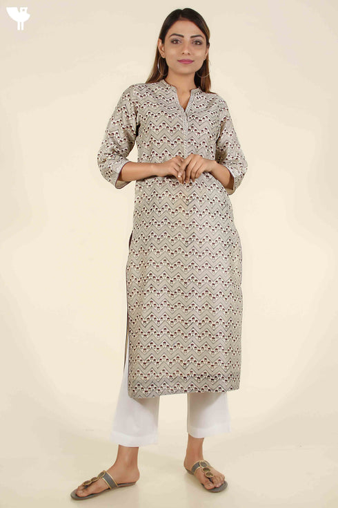 Chanderi Silk Kurta In Cloud Grey And Dark Puce Floral Block Print