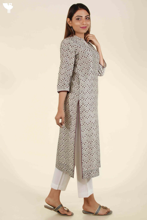 Chanderi Silk Kurta In Cloud Grey And Dark Puce Floral Block Print