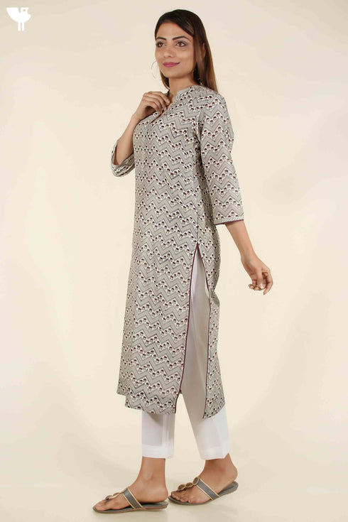 Chanderi Silk Kurta In Cloud Grey And Dark Puce Floral Block Print