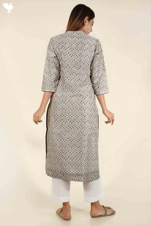 Chanderi Silk Kurta In Cloud Grey And Dark Puce Floral Block Print