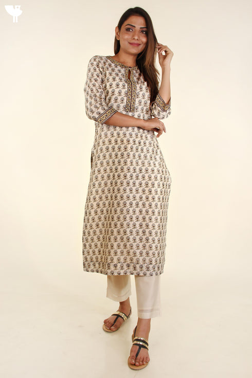 Chanderi Silk Kurta In Floral Block Print