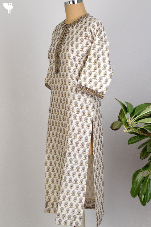Chanderi Silk Kurta In Floral Block Print