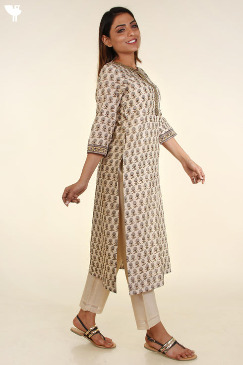Chanderi Silk Kurta In Floral Block Print
