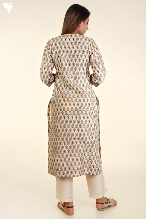 Chanderi Silk Kurta In Floral Block Print