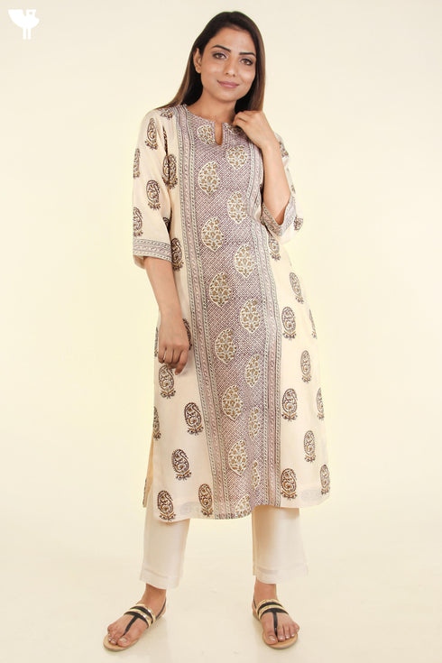 Chanderi Silk Kurta In Beige With Puce And Tawny Yellow Floral Block Print