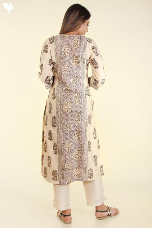 Chanderi Silk Kurta In Beige With Puce And Tawny Yellow Floral Block Print