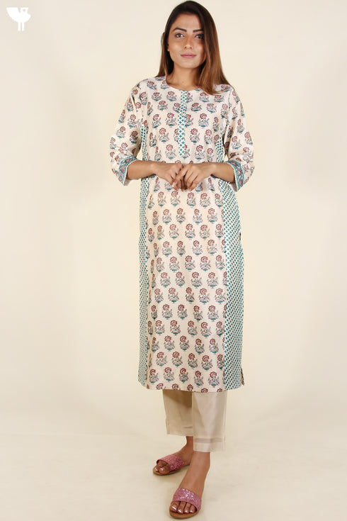 Chanderi Silk Paneled Kurta In Jewel Teal and Plum Floral Block Print