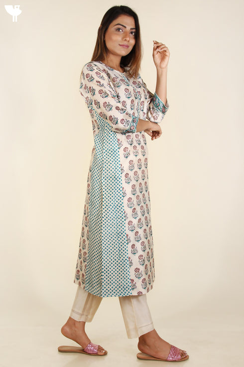 Chanderi Silk Paneled Kurta In Jewel Teal and Plum Floral Block Print