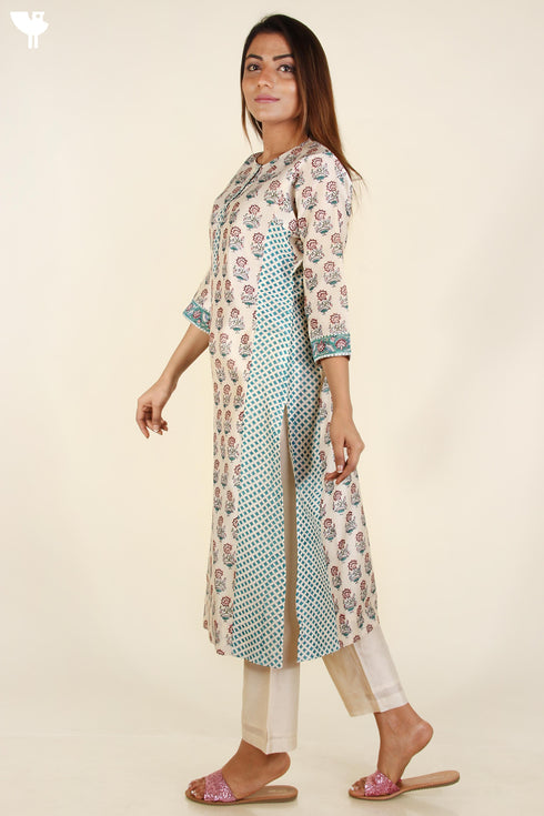 Chanderi Silk Paneled Kurta In Jewel Teal and Plum Floral Block Print