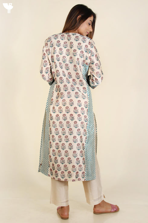 Chanderi Silk Paneled Kurta In Jewel Teal and Plum Floral Block Print