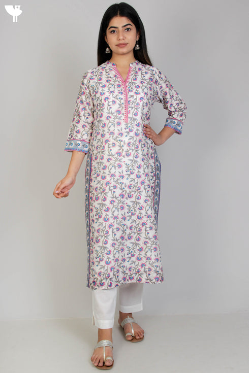 Chanderi Silk Kurta In Floral Block Print