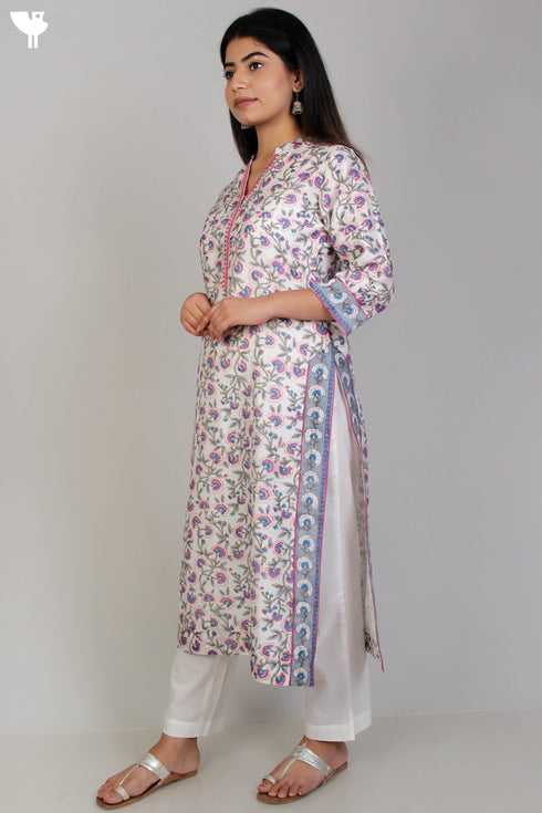 Chanderi Silk Kurta In Floral Block Print