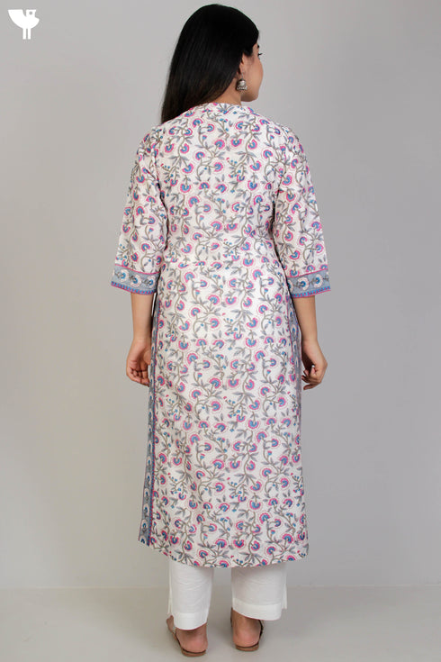 Chanderi Silk Kurta In Floral Block Print