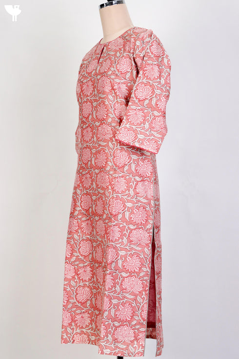 Chanderi Silk Kurta In Floral Block Print
