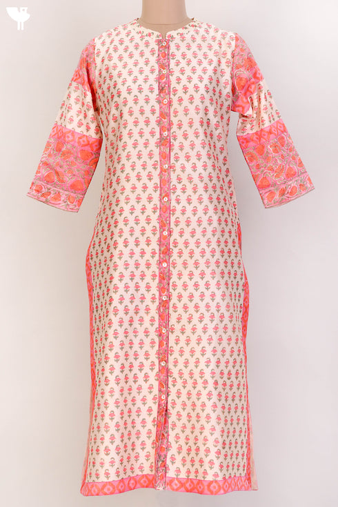 Chanderi Silk Kurta In Floral Block Print