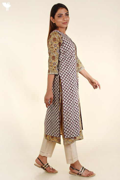 Cambric Cotton Kurta With Slub Cotton Overlay Jacket In Floral Block Print