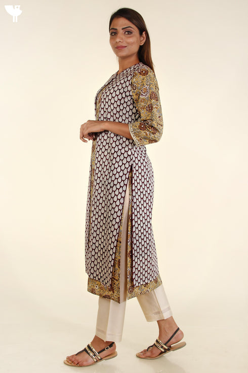 Cambric Cotton Kurta With Slub Cotton Overlay Jacket In Floral Block Print