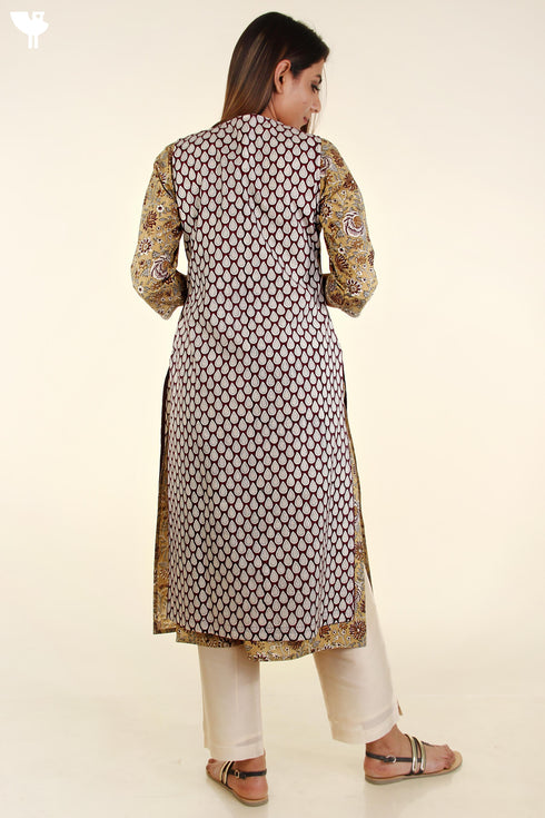 Cambric Cotton Kurta With Slub Cotton Overlay Jacket In Floral Block Print