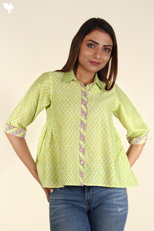Chanderi Silk Flared Shirt In Lime Green Graphic Block Print