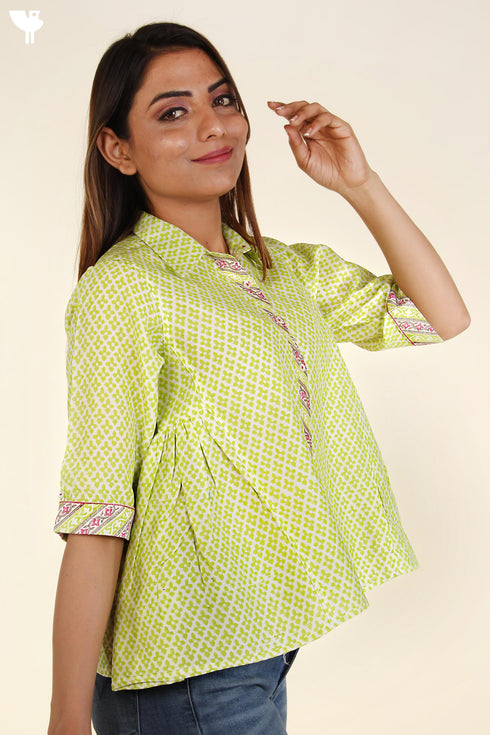 Chanderi Silk Flared Shirt In Lime Green Graphic Block Print