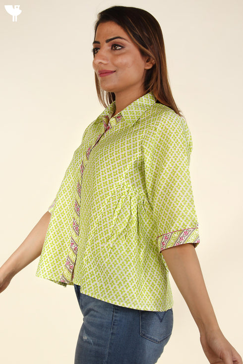 Chanderi Silk Flared Shirt In Lime Green Graphic Block Print