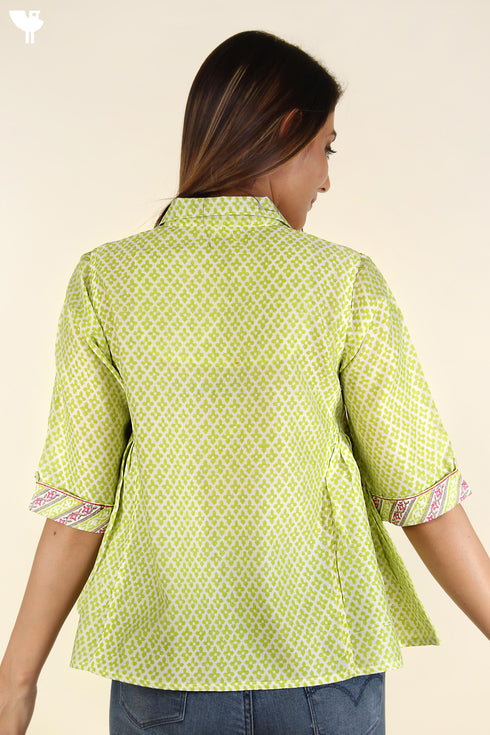 Chanderi Silk Flared Shirt In Lime Green Graphic Block Print