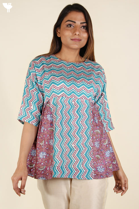Cotton Silk Pleated Blouse In Jewel Teal and Plum Block Print