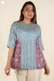 Cotton Silk Pleated Blouse In Jewel Teal and Plum Block Print
