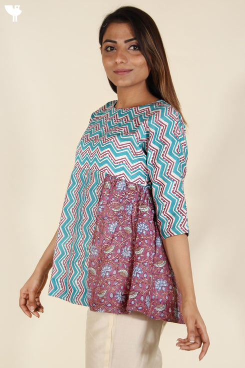 Cotton Silk Pleated Blouse In Jewel Teal and Plum Block Print