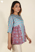 Cotton Silk Pleated Blouse In Jewel Teal and Plum Block Print