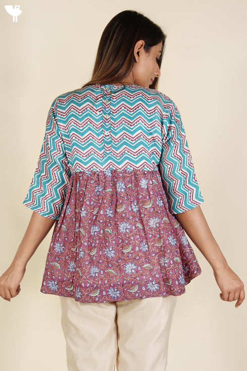 Cotton Silk Pleated Blouse In Jewel Teal and Plum Block Print