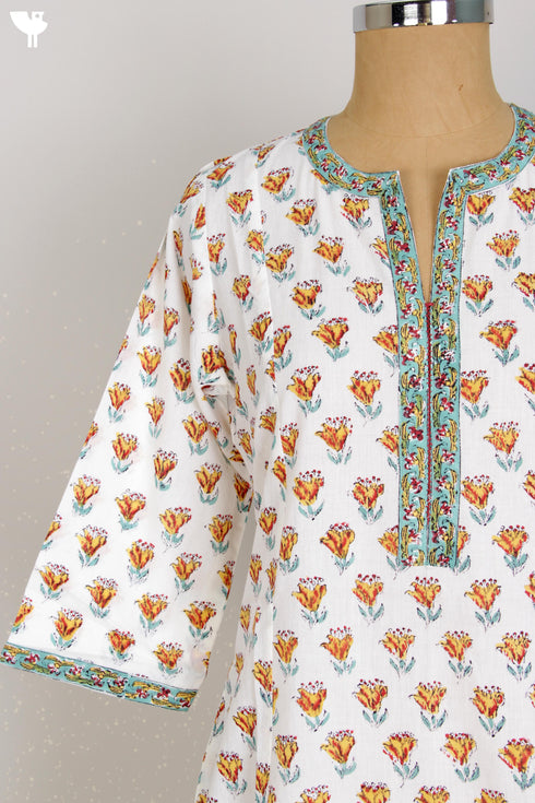 Cambric Cotton Panelled Dress In Floral Block Print