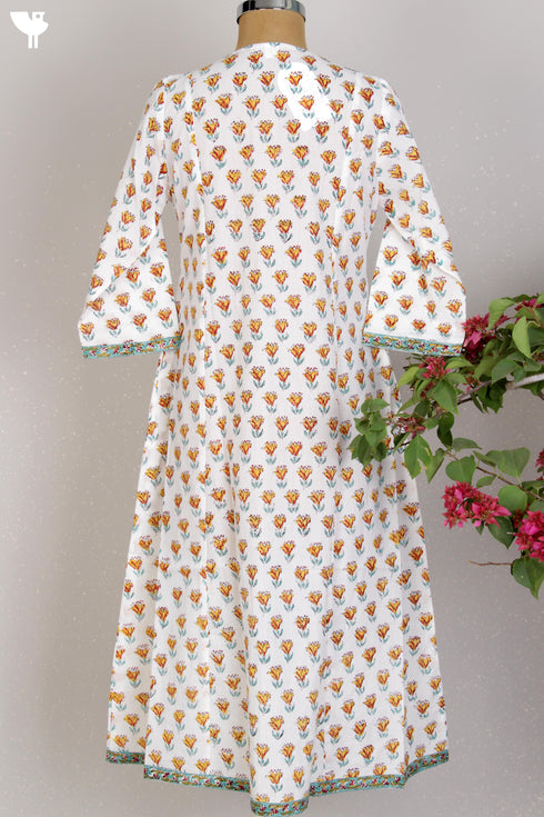 Cambric Cotton Panelled Dress In Floral Block Print