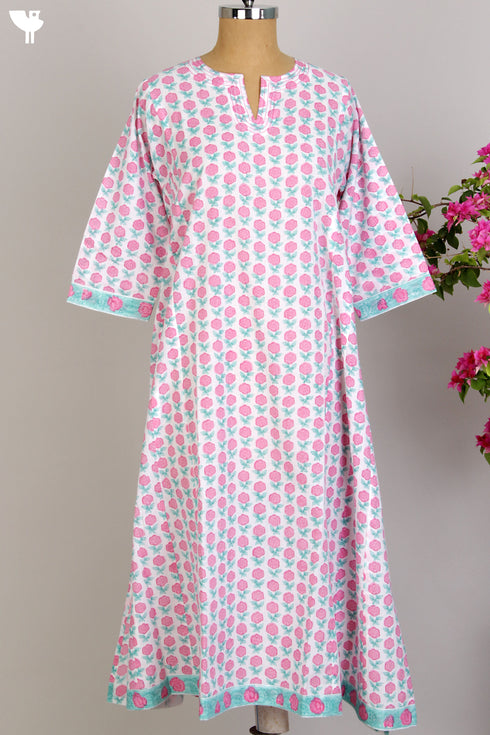 Cotton Cambric Anarkali in Pink Floral Hand Block Print