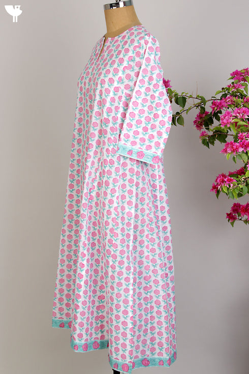 Cotton Cambric Anarkali in Pink Floral Hand Block Print